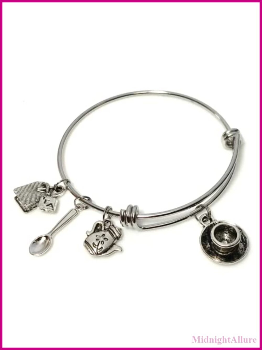 Tea Lover Charm Bracelet Stainless Steel Expandable Bangle Teapot Pendants